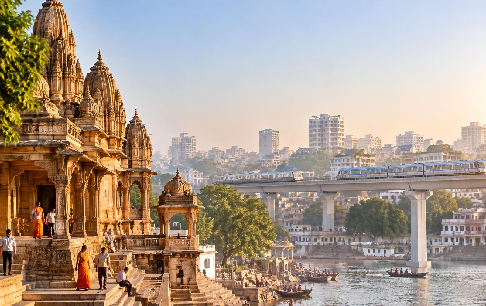 Historic Indian temple beside a modern metro line